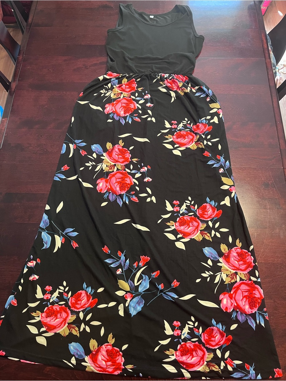 Black Floral Maxi Dress with Red Rose Print